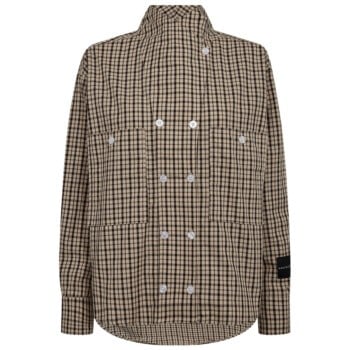 High Collar Check Shirt Beige