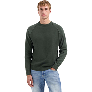 Pullover Crewneck Solid Waffle Knit Dark Green