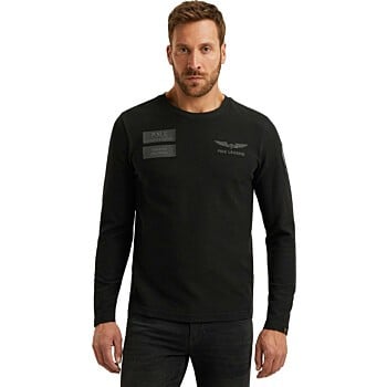 Long sleeve r-neck structured piqu Black