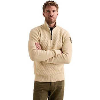 Half zip collar cotton mix yarn Bone White