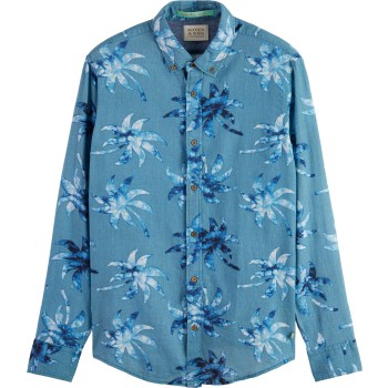 Printed linen-viscose blend shirt turquoise wax le