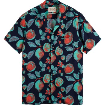 Short sleeved printed camp shirt navy fruits aop