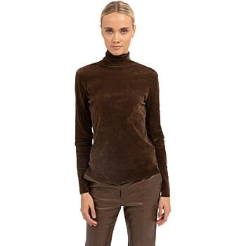 Velvet mesh top met hoge hals COCOA BROWN
