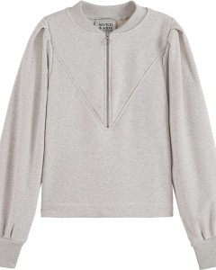 Zipped neck puffed sleeved sweater grey melange