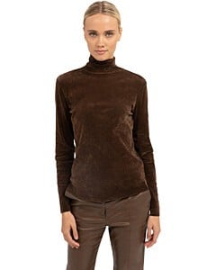 Velvet mesh top met hoge hals COCOA BROWN