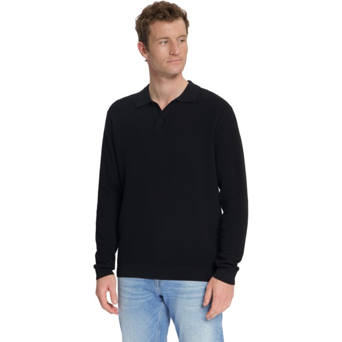 Pullover Polo Buttons Jacquard Knit Black