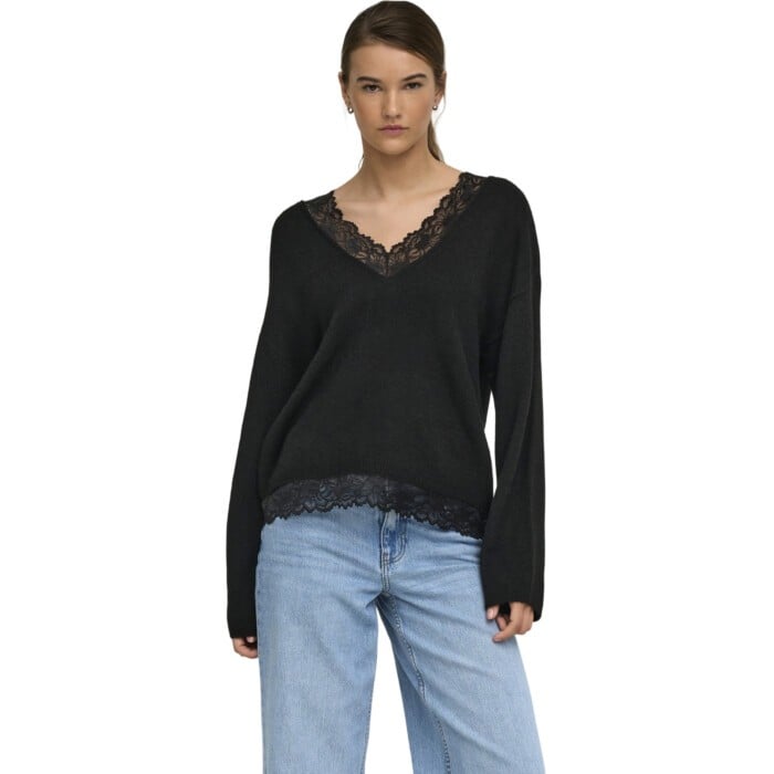 ONLCLOVER LS LACE V-NECK REVERSIBLE KNT Black/Dtm