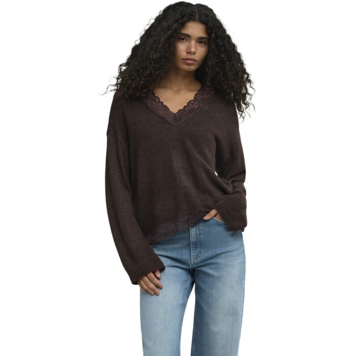 ONLCLOVER LS LACE V-NECK REVERSIBLE KNT Coffee Bea