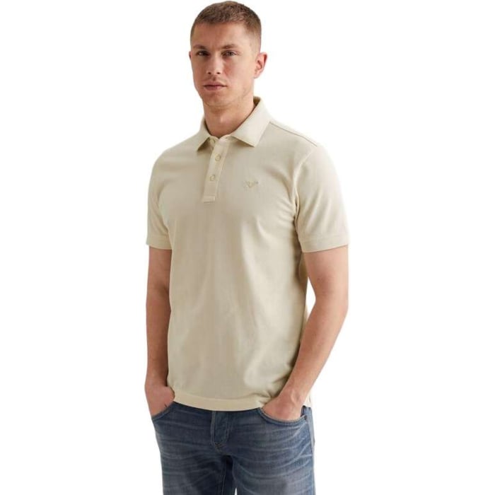 Short sleeve polo garment dyed piq Bone White