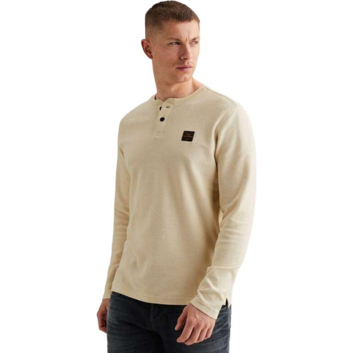 Long sleeve r-neck structured piqu Bone White