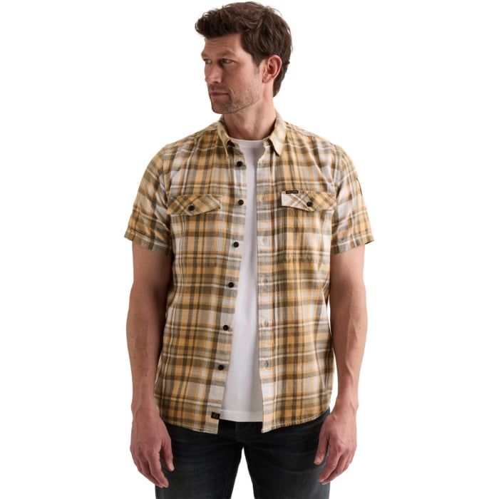 Short Sleeve Shirt Slub Check Apricot Cream
