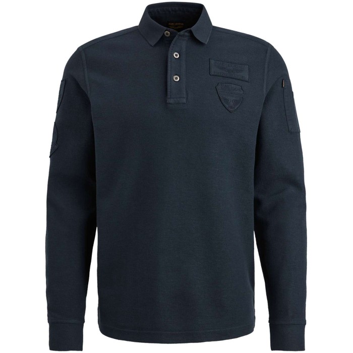 Polo lange mouw structured pique salute blue