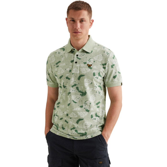 Short sleeve polo printed fine piq Cameo Green