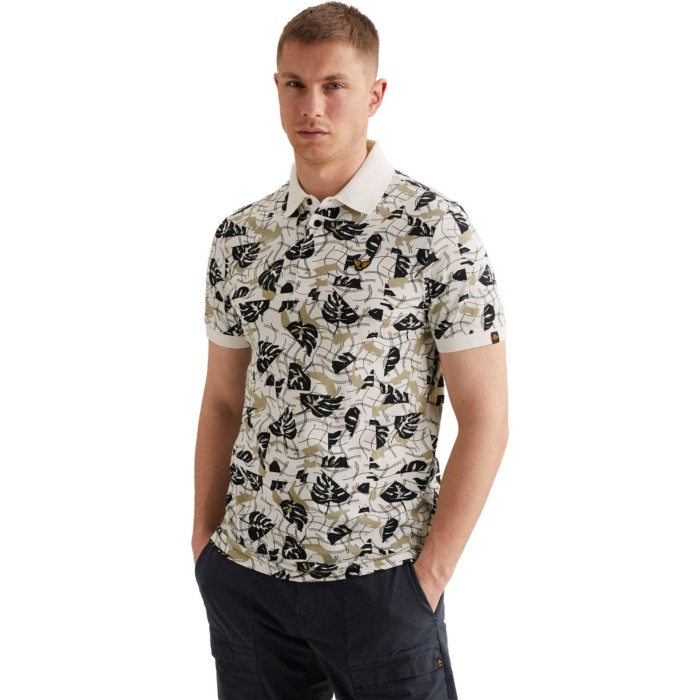 Short sleeve polo printed fine piq Egret