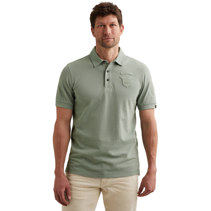 Short sleeve polo fine pique badge Iceberg Green