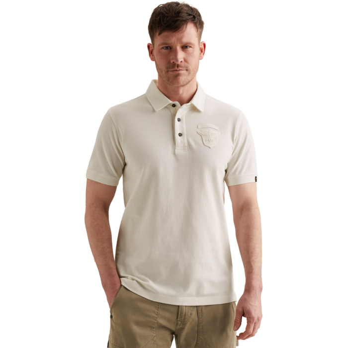 Short sleeve polo fine pique badge Egret