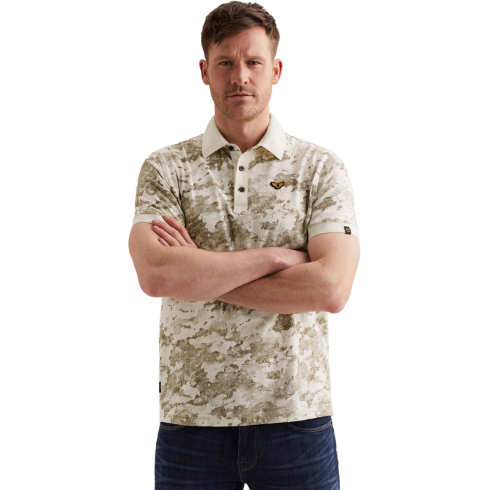 Short sleeve polo printed slub jer Egret