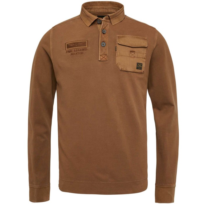 Long sleeve polo rugged pique toffee