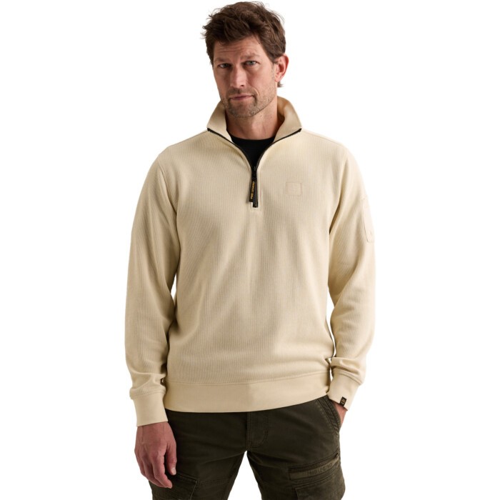 Half zip collar flat knit look Bone White