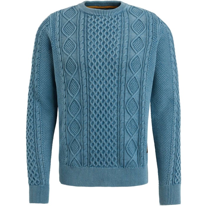 R-neck garment dye cable knit real teal