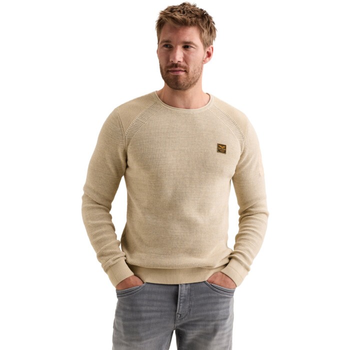 R-neck cotton rib melee knit Bone White