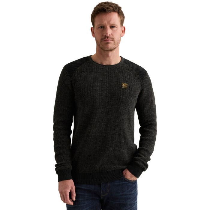 R-neck cotton rib melee knit Black