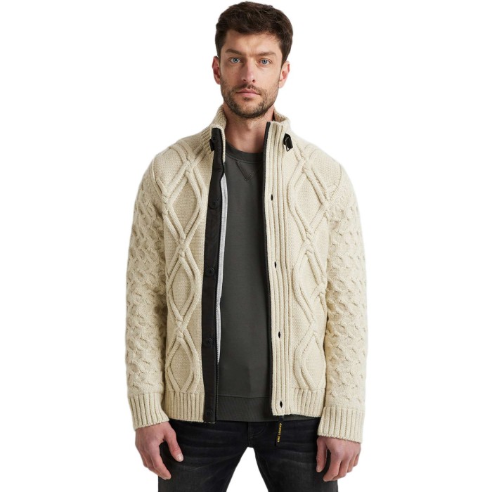 Zip jacket heavy knit mixed yarn bone white