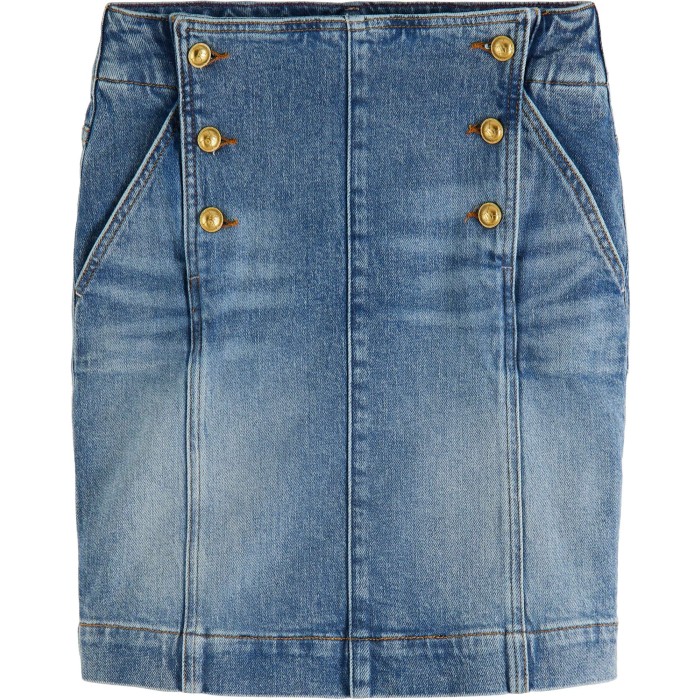 Button front denim mini skirt marble blue