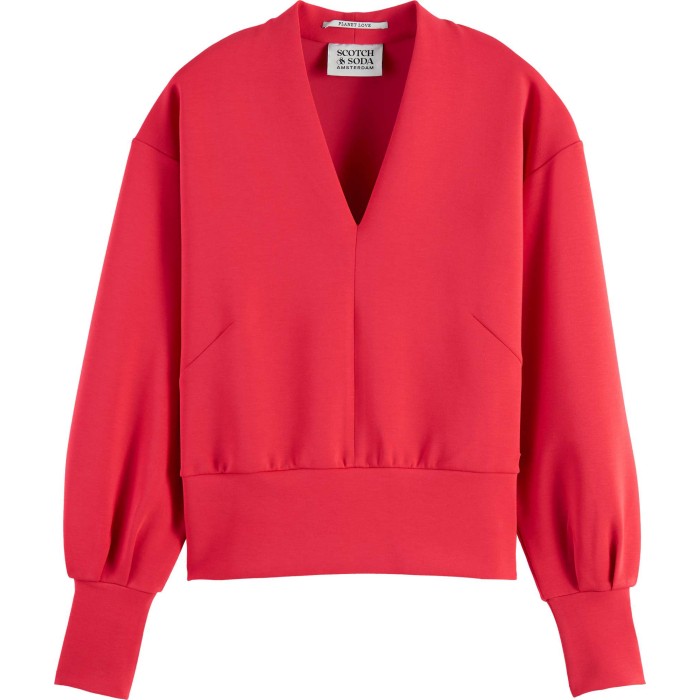 V-neck puffed sleeved sweater electric red