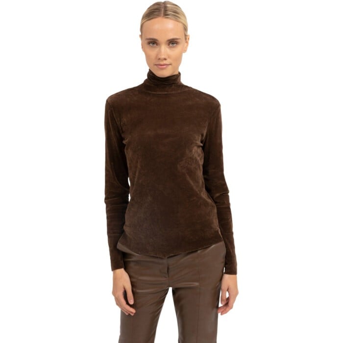 Velvet mesh top met hoge hals COCOA BROWN